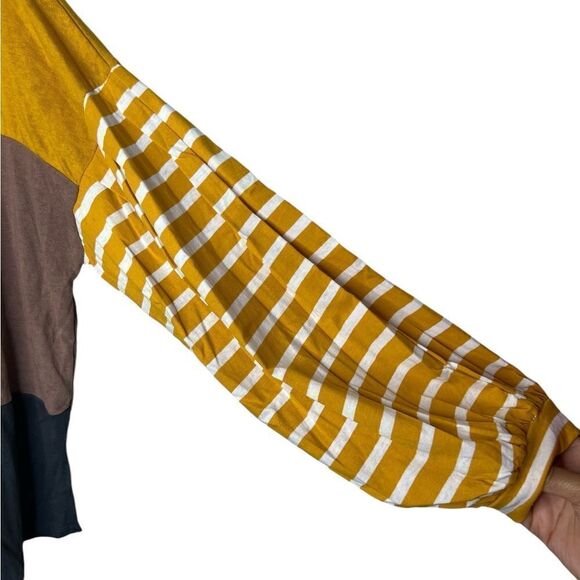 Umgee Yellow/Brown/Gray Long Puff Sleeve Color-block Striped Top 1XL - Picture 8 of 11